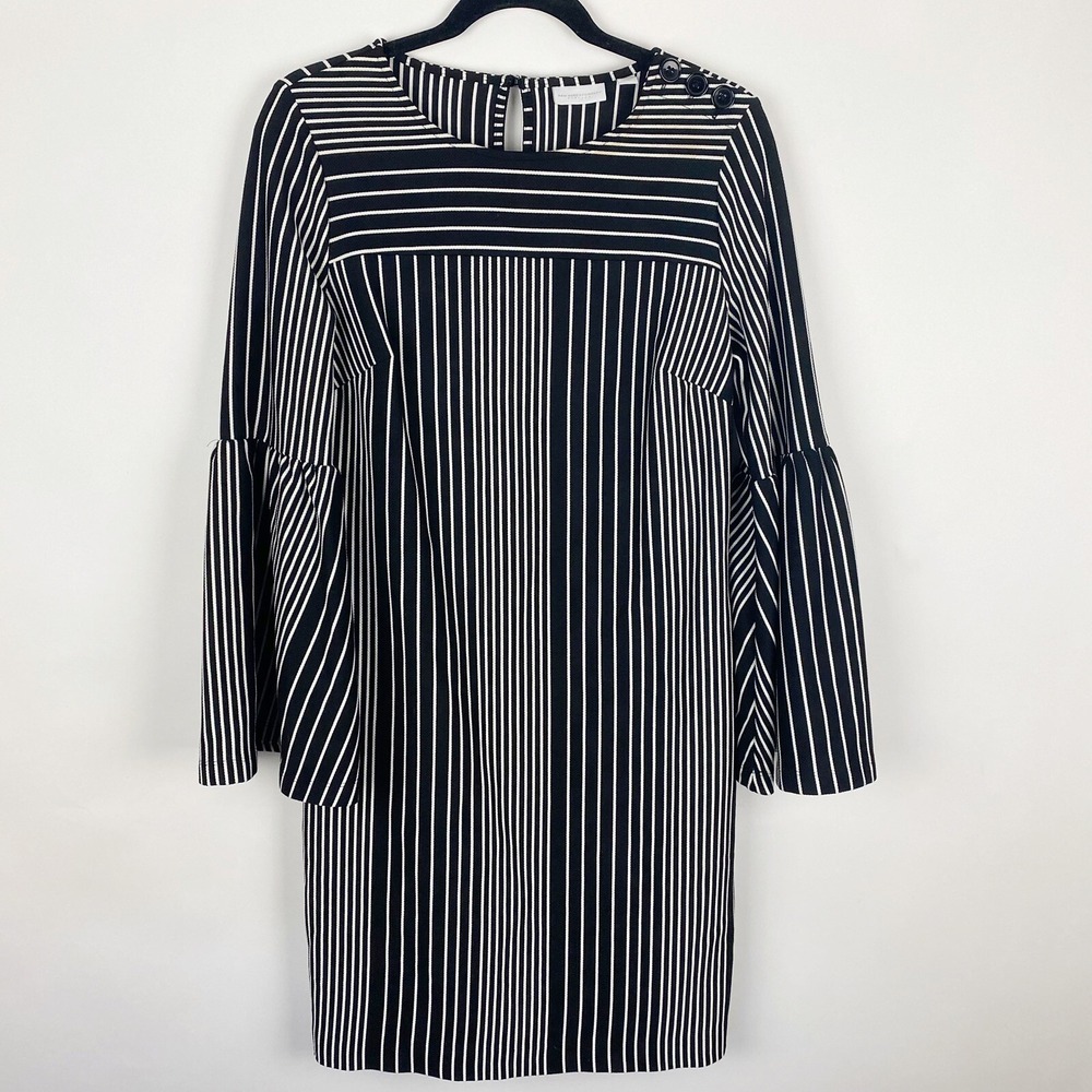 New York & Company Striped Bell Sleeve Button Shoulder Shift Dress Womens M